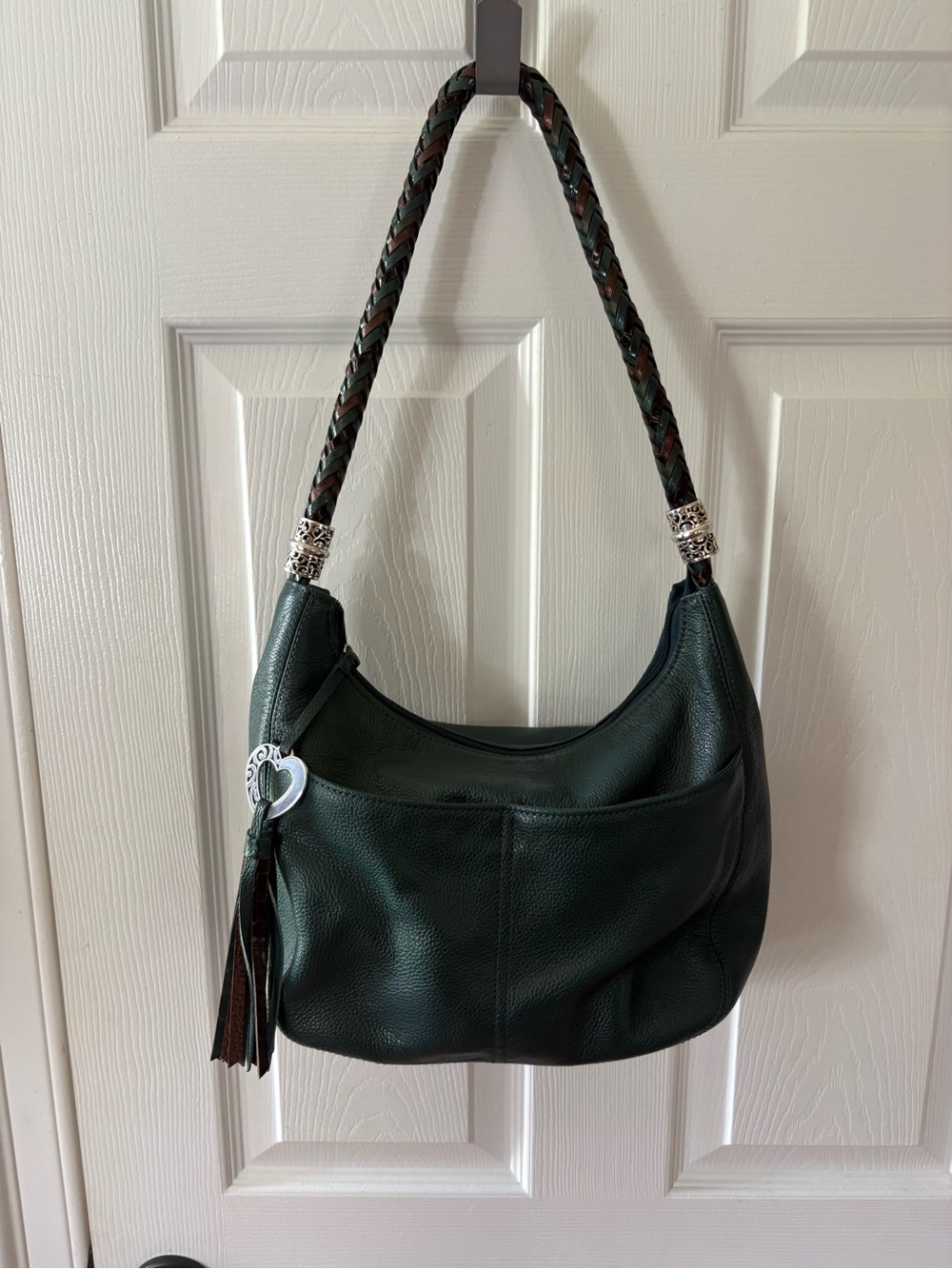 Brighton Barbados Hobo Green Leather Hobo Bag Braided Strap Heart Tassel